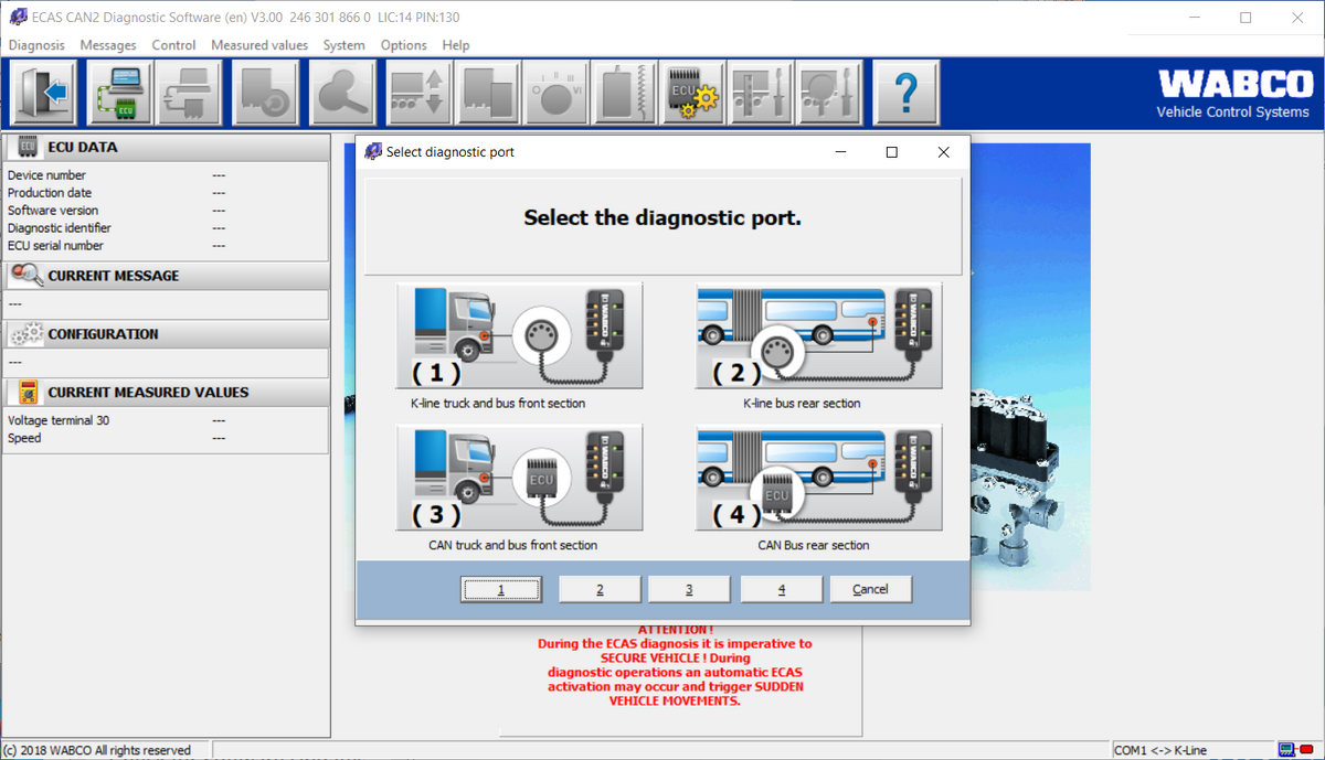 WABCO ECAS CAN2 diagnostic port selection for truck and bus