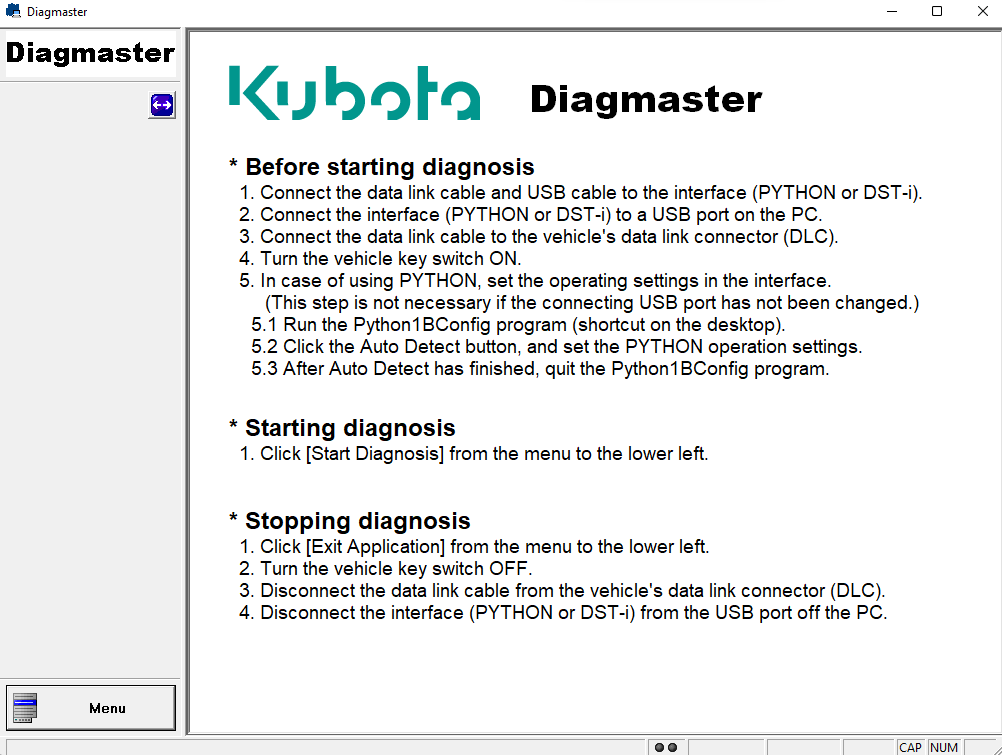 KUBOTA DIAGMASTER Level 9-6 + DATABASE KUBOTA 24.06 & TAKEUCHI 23.11 & DIECI 4.1 & NONSELF 24.02 & MANITOU 25.02 & MERLO 19.10 & CARRIER 24.05 & BOBCAT 4.3.1 & CNH 24.08