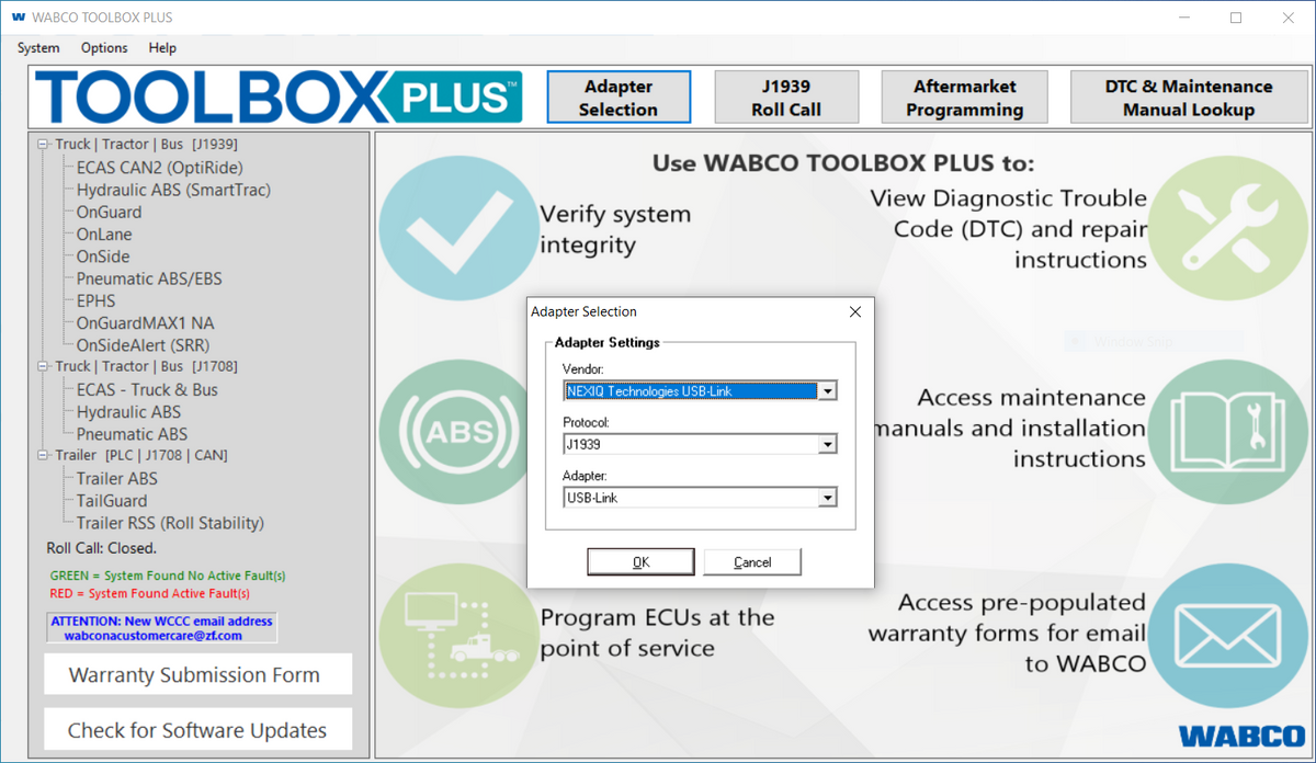 WABCO TOOLBOX PLUS RP1210 adapter selection with NEXIQ USB-Link