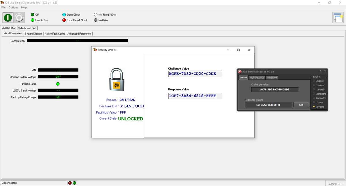 JCB ServiceMaster + SECURITY UNLOCK KG β software interface screenshot 3