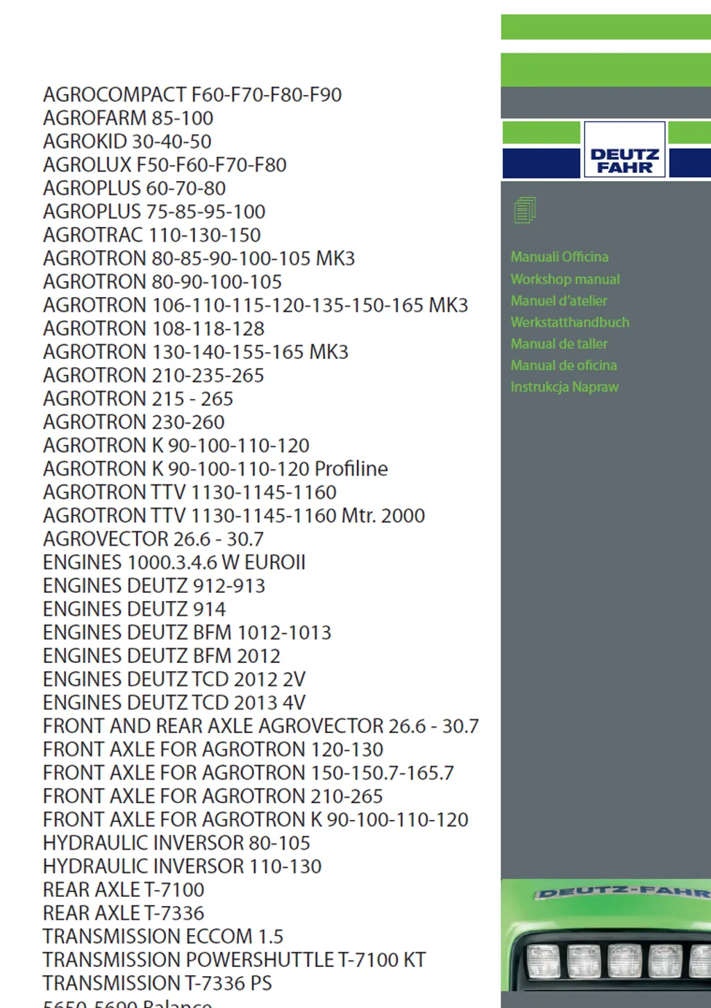 DEUTZ FAHR SERVICE MANUALS CATALOGUE