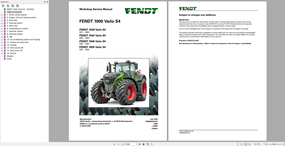 Fendt Tractor 1000 Vario S4 VIN 527-530 Workshop Service Manual EN