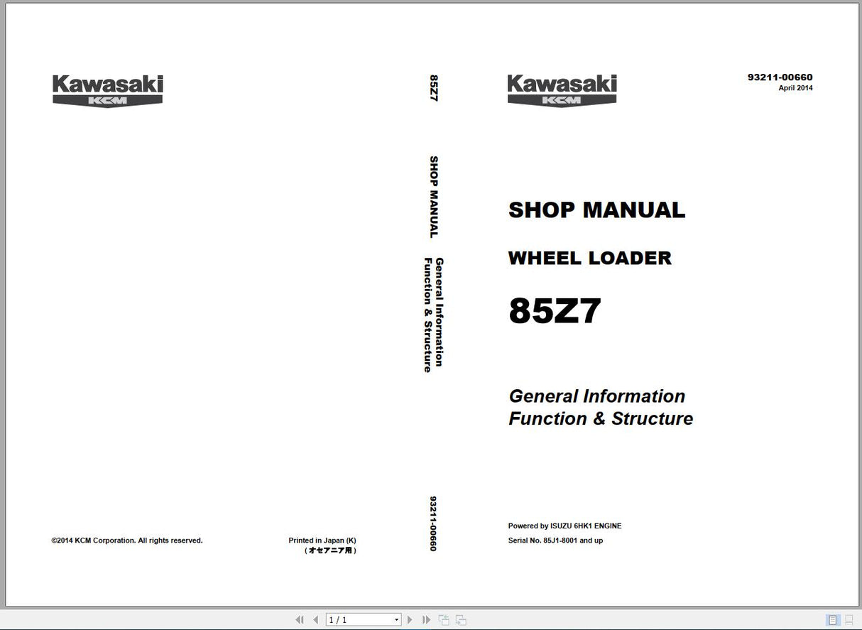 Kawasaki Wheel Loader Service & Part Manual and Circuit Diagram 2020 PDF DVD