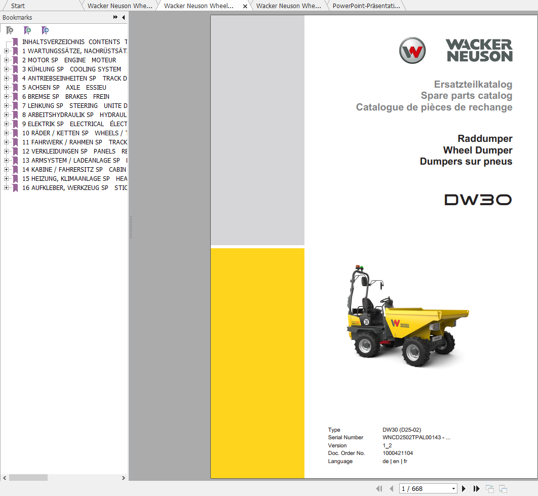 Wacker Neuson Wheel Dumper DW30 Operator, Service Manual & Spare Parts Catalog