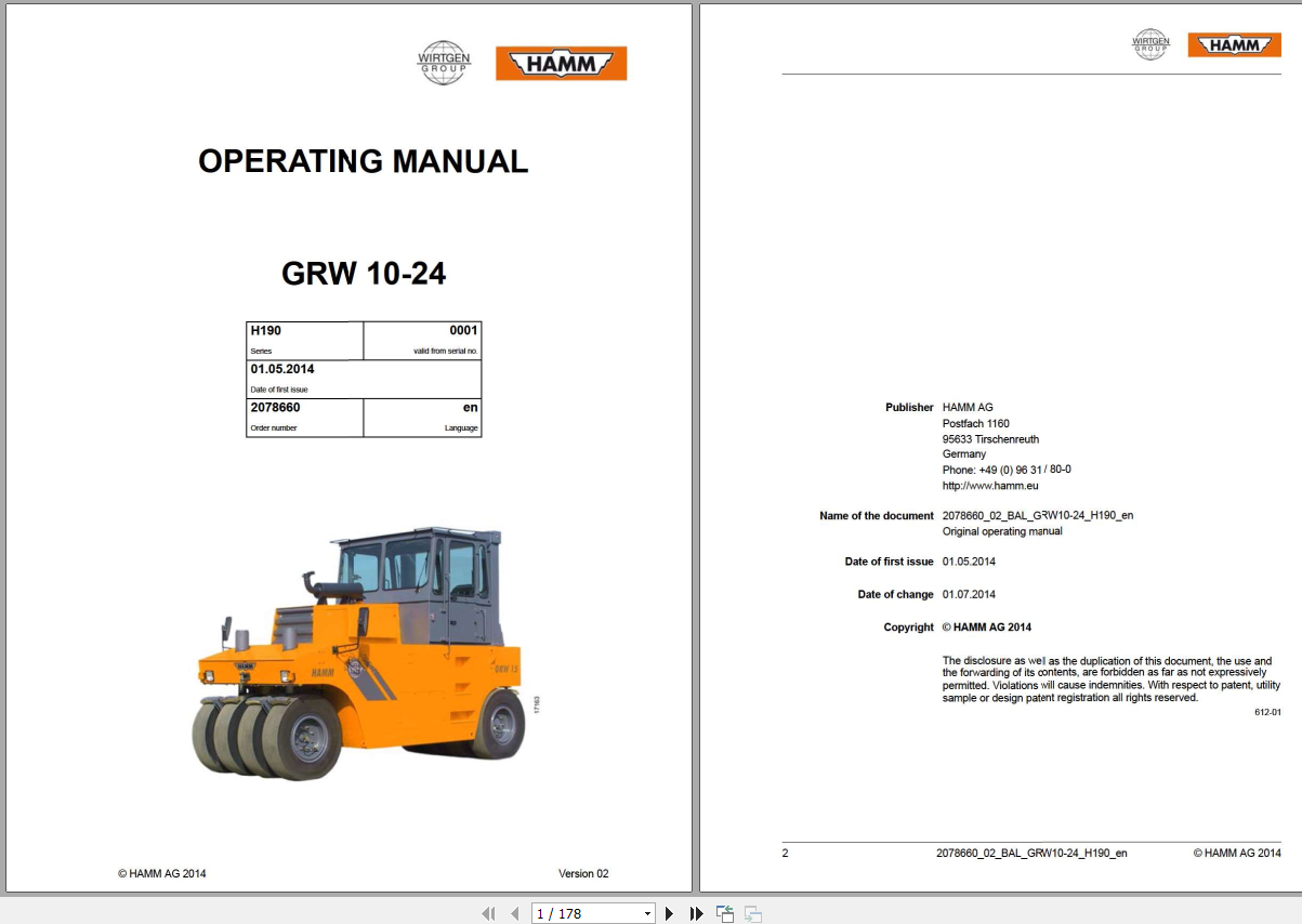 Wirtgen Hamm 1.3 GB Service Training, Operating Parts Manual & Schematic