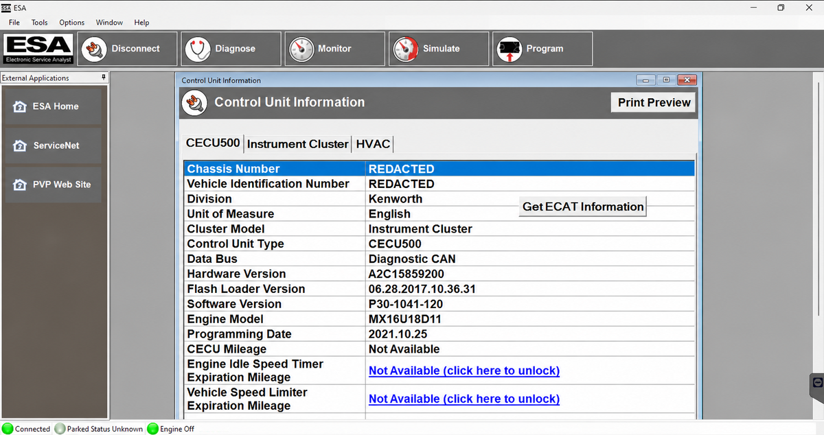 PACCAR ESA control unit information for Kenworth with vehicle identifiers redacted