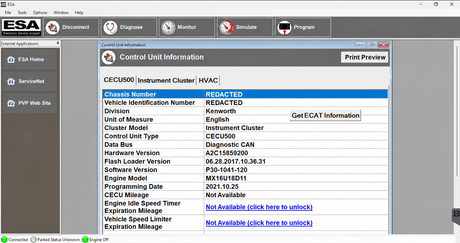 PACCAR ESA control unit information for Kenworth with vehicle identifiers redacted